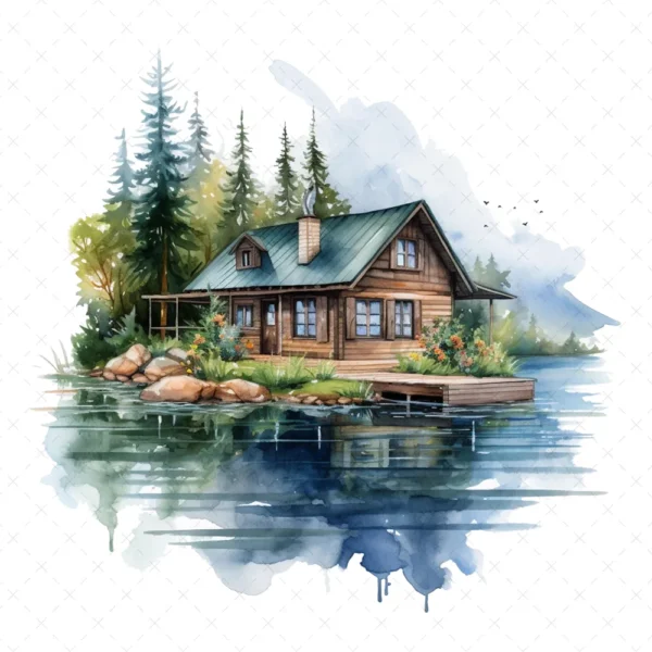 19 High-Quality Lake House Clipart - Lake house digital watercolor JPG instant download for commercial use - Digital download