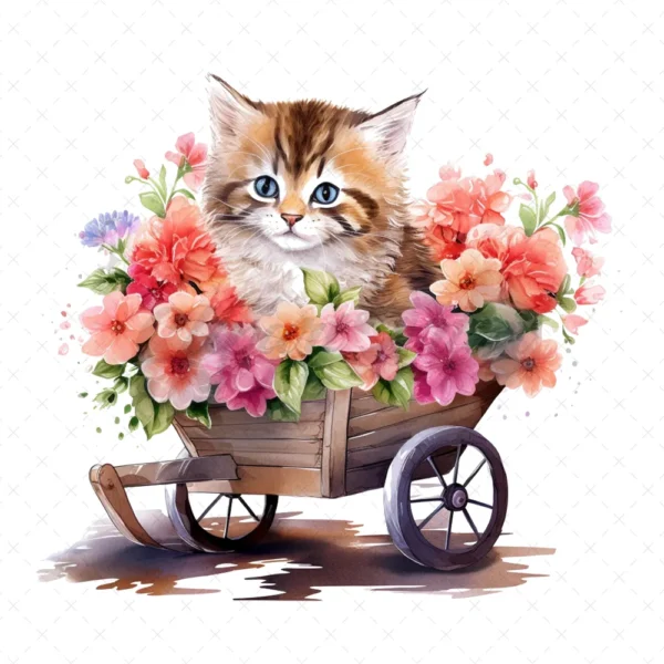 20 High-Quality Floral Wheelbarrow Clipart - Cat wheelbarrow digital watercolor JPG instant download for commercial use - Digital download