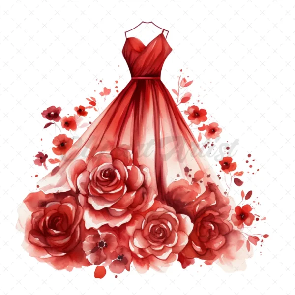 17 High-Quality Fashion Dresses Clipart - Red dresses digital watercolor JPG instant download for commercial use - Digital download
