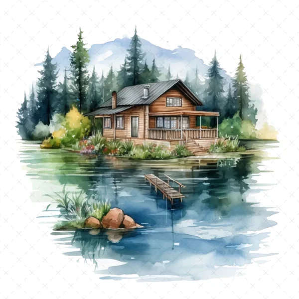 19 High-Quality Lake House Clipart - Lake house digital watercolor JPG instant download for commercial use - Digital download