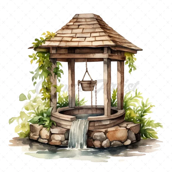 19 High-Quality Wishing Wells Clipart - Wishing wells digital watercolor JPG instant download for commercial use - Digital download