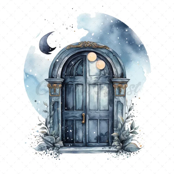 17 High-Quality Moon Doors Clipart - Moon doors digital watercolor JPG instant download for commercial use - Digital download