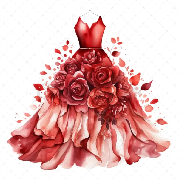 17 High-Quality Fashion Dresses Clipart - Red dresses digital watercolor JPG instant download for commercial use - Digital download