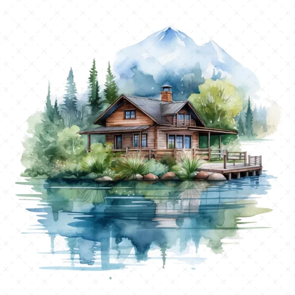 19 High-Quality Lake House Clipart - Lake house digital watercolor JPG instant download for commercial use - Digital download