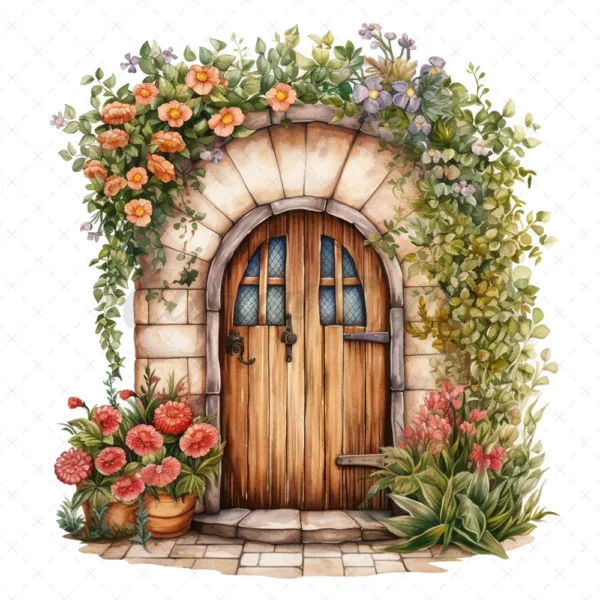 20 High-Quality Floral Wooden Doors Clipart - Wooden doors digital watercolor JPG instant download for commercial use - Digital download