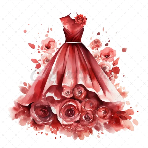 17 High-Quality Fashion Dresses Clipart - Red dresses digital watercolor JPG instant download for commercial use - Digital download