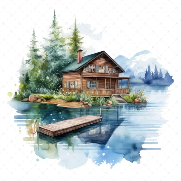 19 High-Quality Lake House Clipart - Lake house digital watercolor JPG instant download for commercial use - Digital download