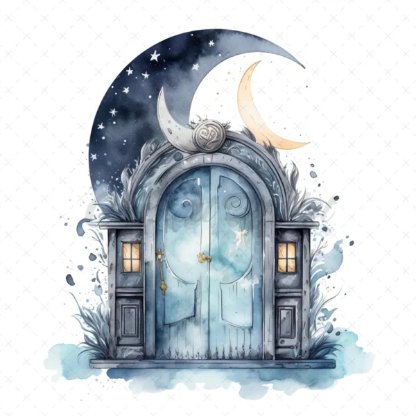 17 High-Quality Moon Doors Clipart - Moon doors digital watercolor JPG instant download for commercial use - Digital download