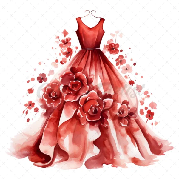 17 High-Quality Fashion Dresses Clipart - Red dresses digital watercolor JPG instant download for commercial use - Digital download