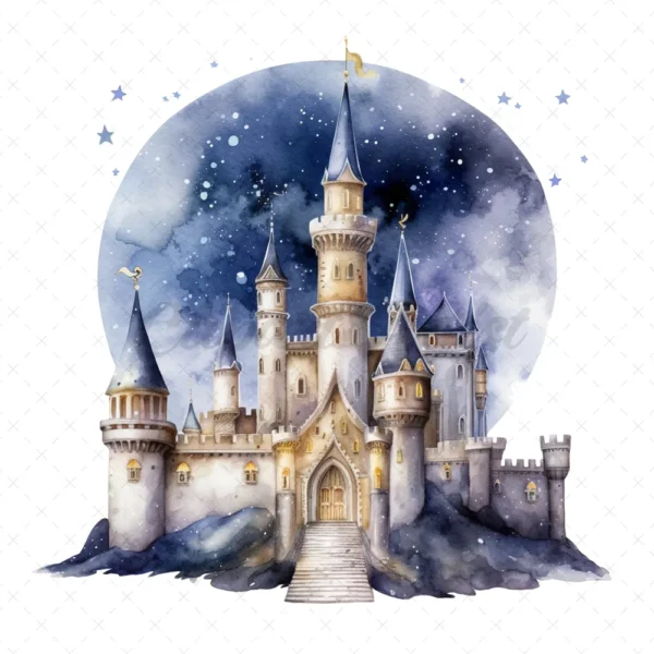 21 High-Quality Night Fantasy Castles Clipart - Night castles digital watercolor JPG instant download for commercial use - Digital download