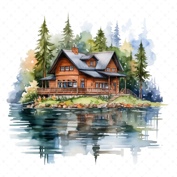 19 High-Quality Lake House Clipart - Lake house digital watercolor JPG instant download for commercial use - Digital download