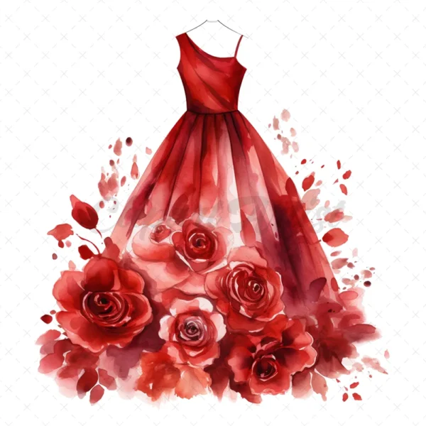 17 High-Quality Fashion Dresses Clipart - Red dresses digital watercolor JPG instant download for commercial use - Digital download