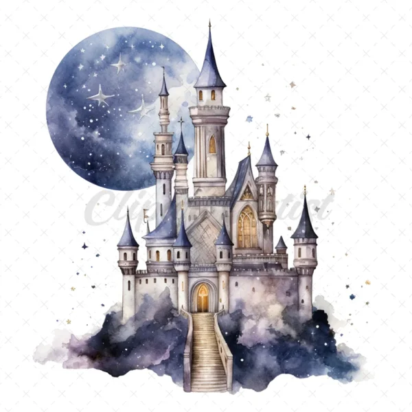 21 High-Quality Night Fantasy Castles Clipart - Night castles digital watercolor JPG instant download for commercial use - Digital download