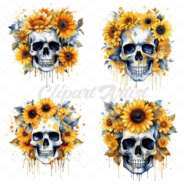 18 High-Quality Sunflower Skulls Clipart - Yellow sunflower skulls digital JPG instant download for commercial use - Digital download