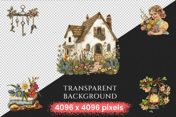 Cottagecore Spring Clipart Bundle - 600+ transparent PNG, Springtime clipart, Countryside nature graphics, Commercial use, Digital download