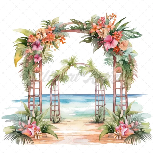 20 High-Quality Wedding Gate Clipart - Tropical wedding gate digital watercolor JPG instant download for commercial use - Digital download