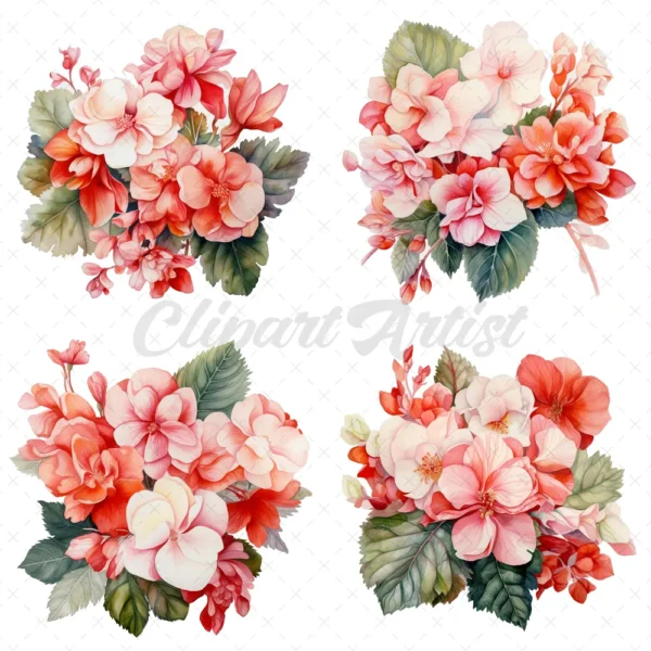 20 High-Quality Begonias Clipart - Pink red begonias digital watercolor wreath JPG instant download for commercial use - Digital download
