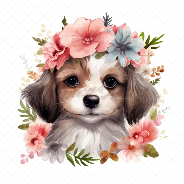 20 High-Quality Floral Puppies Clipart - Cute puppy digital watercolor JPG instant download for commercial use - Digital download