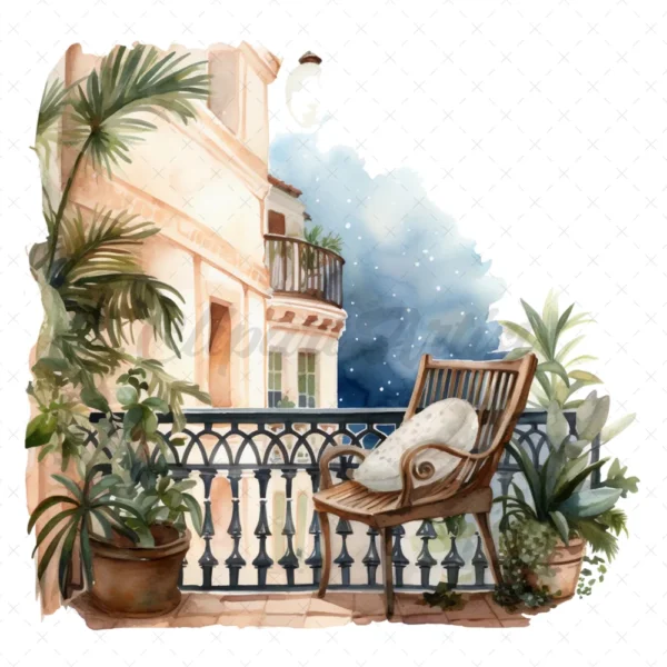 21 High-Quality Night Balconies Clipart - Night balconies digital watercolor JPG instant download for commercial use - Digital download
