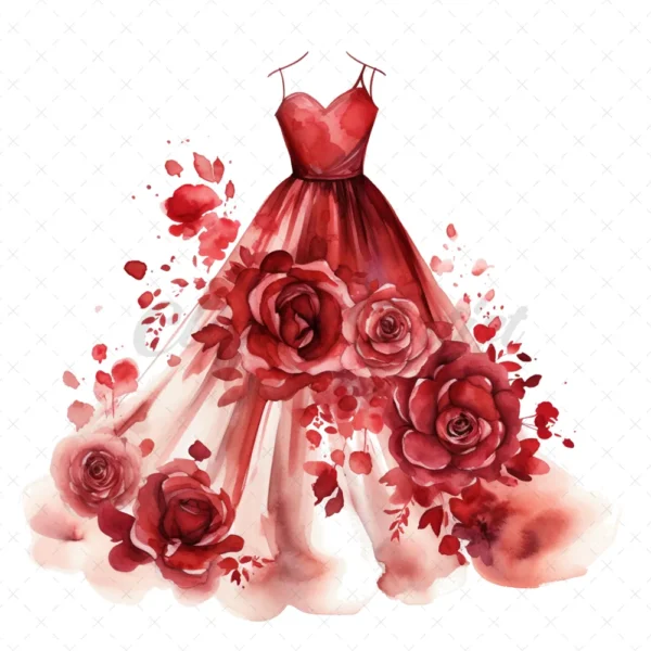 17 High-Quality Fashion Dresses Clipart - Red dresses digital watercolor JPG instant download for commercial use - Digital download