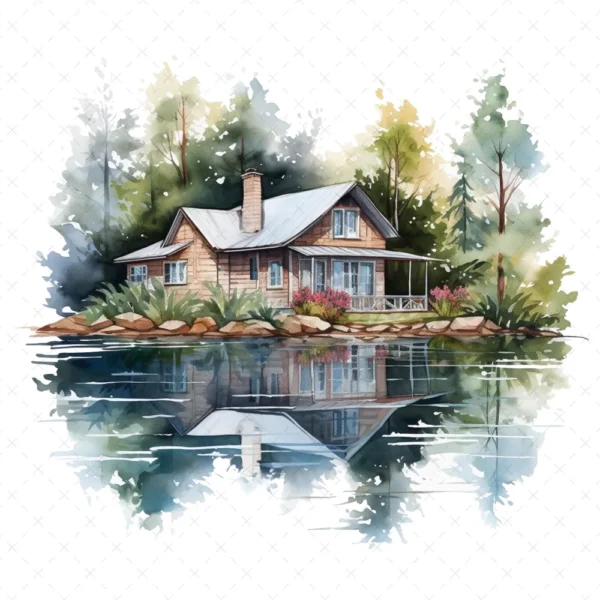 19 High-Quality Lake House Clipart - Lake house digital watercolor JPG instant download for commercial use - Digital download