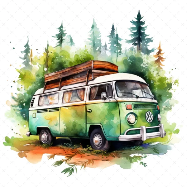 19 High-Quality Camping Bus Clipart - Camping bus digital watercolor JPG instant download for commercial use - Digital download