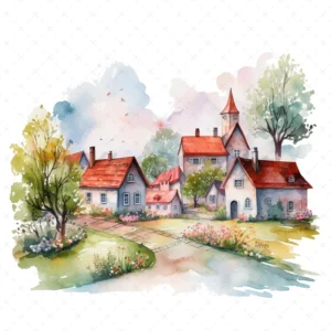 21 High-Quality Spring Villages Clipart - Villages digital watercolor JPG instant download for commercial use - Digital download