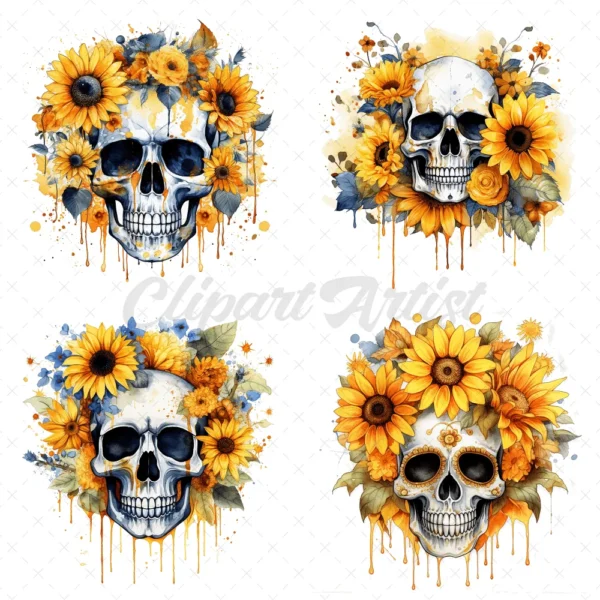 18 High-Quality Sunflower Skulls Clipart - Yellow sunflower skulls digital JPG instant download for commercial use - Digital download