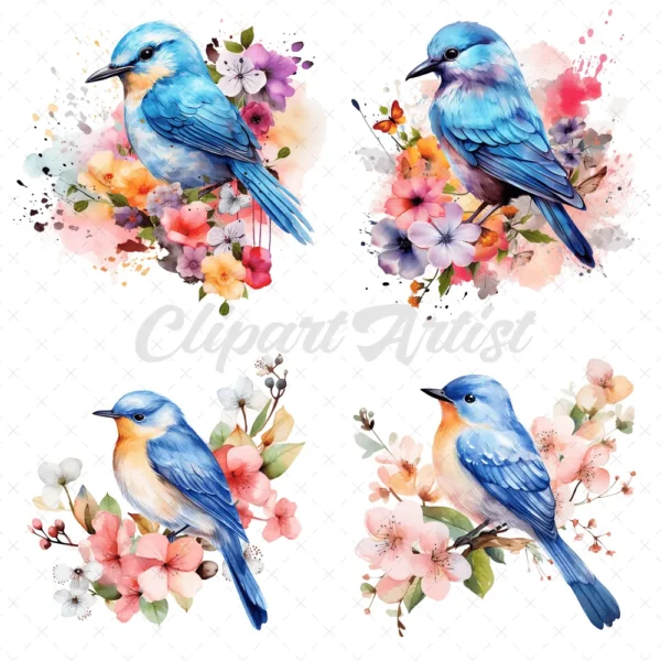 18 High-Quality Floral Birds Clipart - Floral blue birds digital watercolor JPG instant download for commercial use - digital download