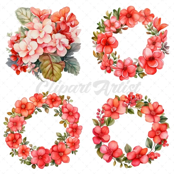 20 High-Quality Begonias Clipart - Pink red begonias digital watercolor wreath JPG instant download for commercial use - Digital download