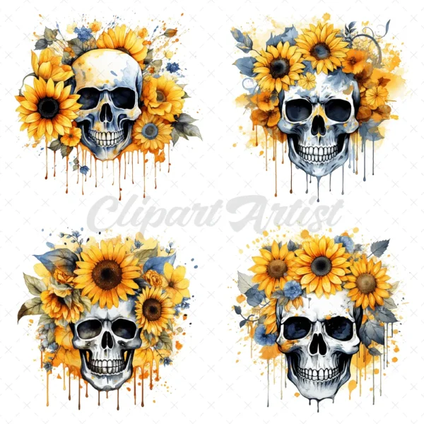 18 High-Quality Sunflower Skulls Clipart - Yellow sunflower skulls digital JPG instant download for commercial use - Digital download