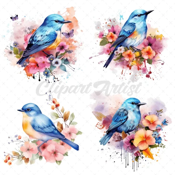 18 High-Quality Floral Birds Clipart - Floral blue birds digital watercolor JPG instant download for commercial use - digital download