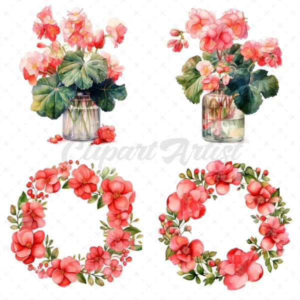 20 High-Quality Begonias Clipart - Pink red begonias digital watercolor wreath JPG instant download for commercial use - Digital download