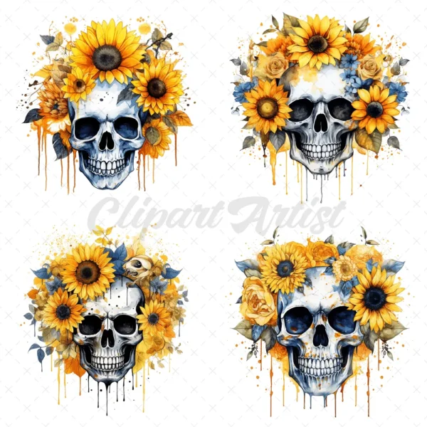 18 High-Quality Sunflower Skulls Clipart - Yellow sunflower skulls digital JPG instant download for commercial use - Digital download