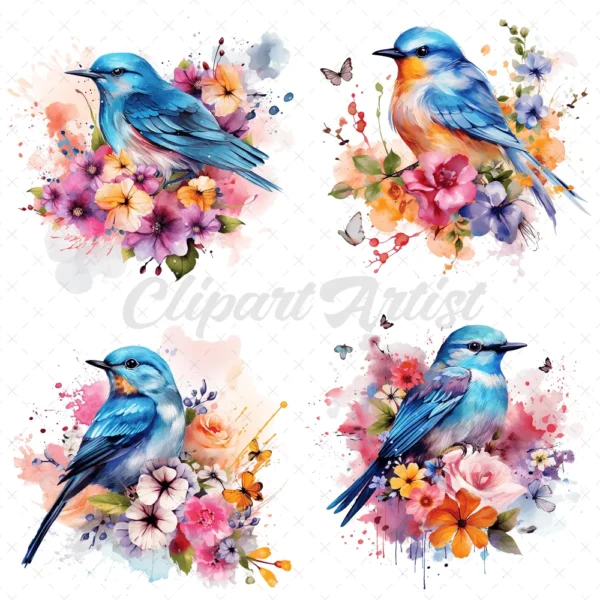 18 High-Quality Floral Birds Clipart - Floral blue birds digital watercolor JPG instant download for commercial use - digital download