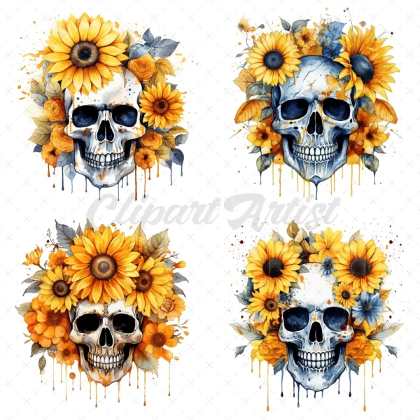 18 High-Quality Sunflower Skulls Clipart - Yellow sunflower skulls digital JPG instant download for commercial use - Digital download