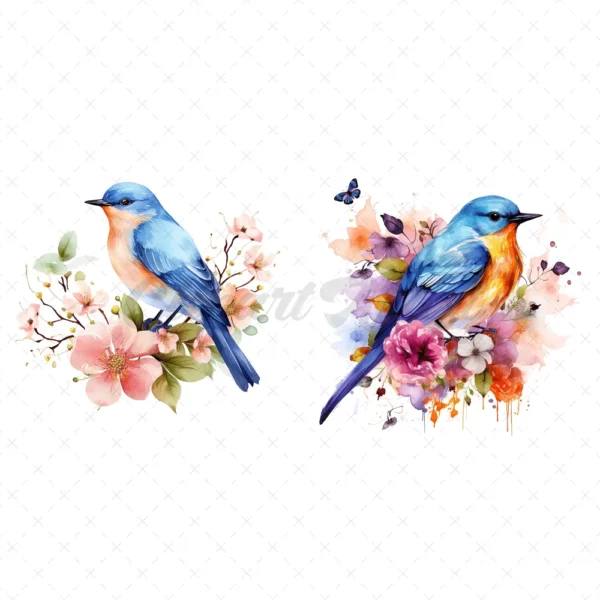 18 High-Quality Floral Birds Clipart - Floral blue birds digital watercolor JPG instant download for commercial use - digital download