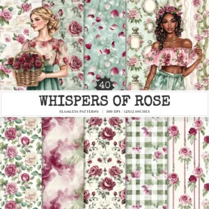 Whispers of Rose Seamless Patterns, Wildflower rose JPEG, Botanical pattern, Plaid, Rose leaf repeating pattern, Digital scrapbook paper