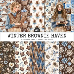 Winter Brownie Haven Seamless Patterns, Rustic winter JPEG, Snowflake pattern, Chocolate, Pinecone repeating pattern, Digital scrapbook paper
