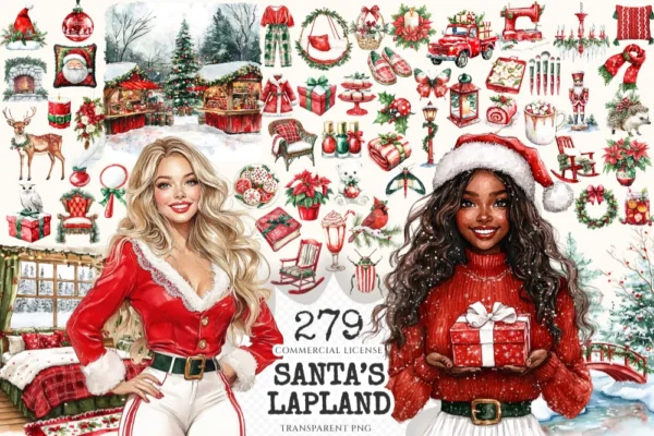 Santa’s Lapland Watercolor Clipart Set - 275+ transparent PNG, christmas graphics, holiday festive png, Commercial use, Digital download