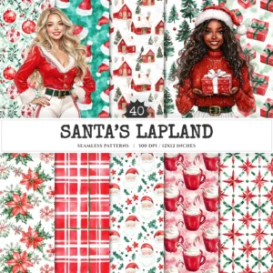 Santa’s Lapland Seamless Patterns, Rustic winter JPEG, Festive pattern, Plaid, Snowflake, Santa repeating pattern, Digital scrapbook paper