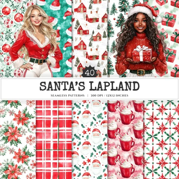 Santa’s Lapland Seamless Patterns, Rustic winter JPEG, Festive pattern, Plaid, Snowflake, Santa repeating pattern, Digital scrapbook paper