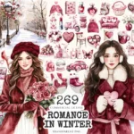 Romance in Winter Watercolor Clipart Set - 266+ transparent PNG, Winter love graphics, Romantic heart art, Commercial use, Digital download