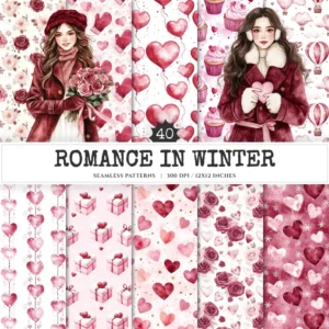 Romance in Winter Seamless Patterns, Romantic heart JPEG, Pink rose pattern, Cozy love, Valentine repeating pattern, Digital scrapbook paper