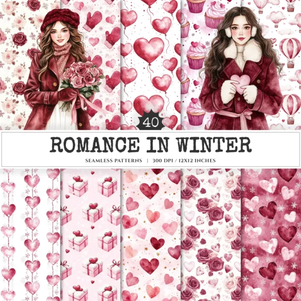 Romance in Winter Seamless Patterns, Romantic heart JPEG, Pink rose pattern, Cozy love, Valentine repeating pattern, Digital scrapbook paper
