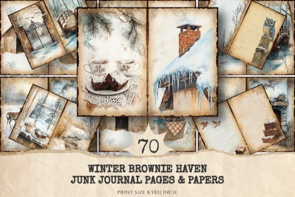 Winter Brownie Haven Junk Journal Pages & Papers - Rustic winter journal paper, Cozy cocoa background, Junk Journal Kit, Digital download