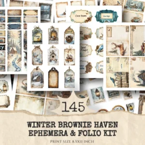 Winter Brownie Haven Junk Journal Ephemera & Folio Kit - Rustic winter journal, Cocoa digital ephemera, Junk Journal Kit, Digital download