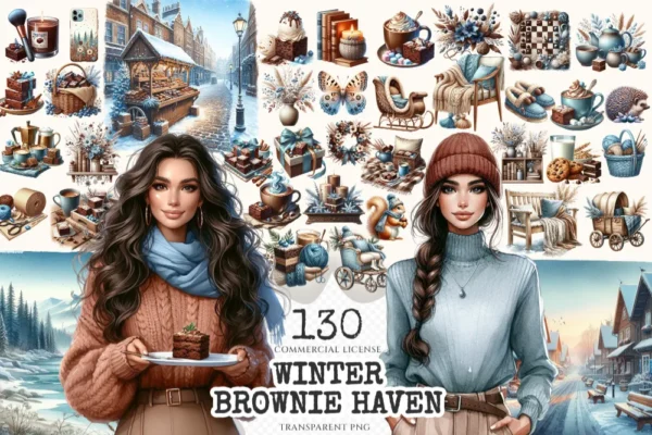 Winter Brownie Haven Clipart Mini Set - 125+ transparent PNG, Rustic winter graphics, Brownie winter art, Commercial use, Digital download