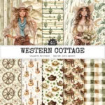 Western Cottage Seamless Patterns, Texas ranch JPEG, Horseshoes pattern, Hats, Cactus and desert repeating pattern, Digital scrapbook paper