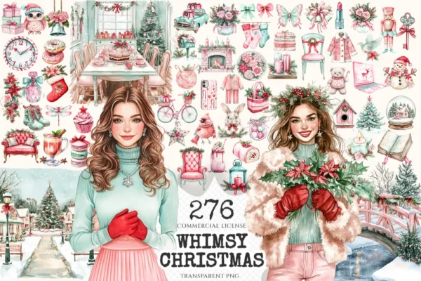 Whimsy Christmas Watercolor Clipart Set - 272+ transparent PNG, Holiday festive illustrations, Xmas png, Commercial use, Digital download